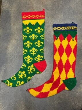 VTG Knit Christmas Elf Stockings 24" Fleur de Lis Harlequin Argyle Bells Wool